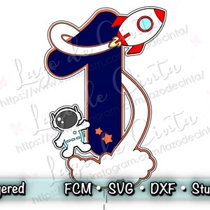 May include: A blue number one with a white rocket and astronaut in front of it. The number one is outlined in orange and has white stars on it. The rocket is red and white with a blue window. The astronaut is wearing a white spacesuit with a blue helmet and has a black face.