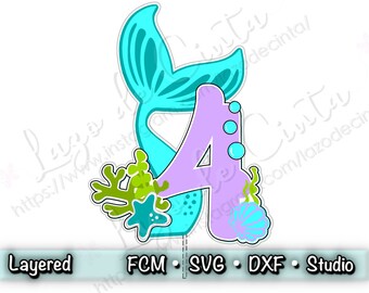 Topper de pastel de sirena SVG / Niñas - Bajo el mar - Cumpleaños - Fiesta - Celebración / Cortar archivos en: SVG - DXF - ScanNcut - Silhouette Studio