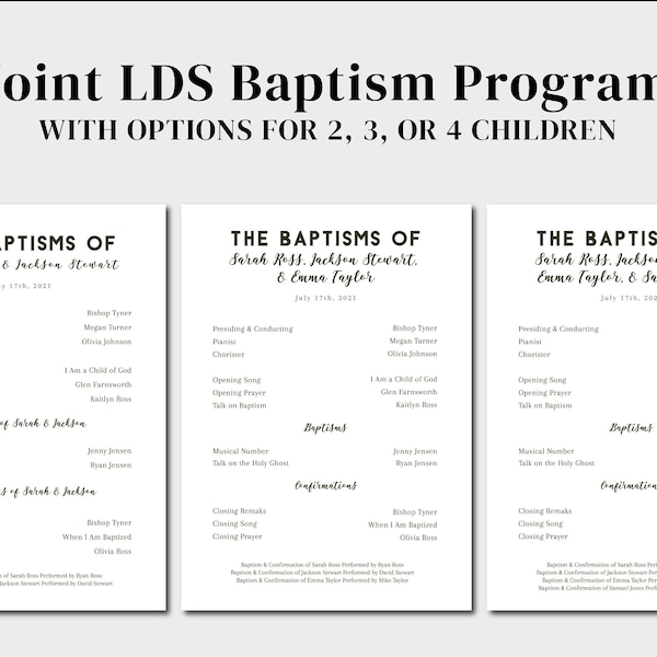 Joint LDS Baptism Program Editable Template | LDS Baptism for 2, 3, or 4 Children | Group LDS Baptism Program