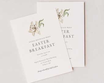 Plantilla de invitación para celebración religiosa de Pascua / Diseño floral de lirios (descarga digital)