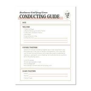 May include: A white Conducting Guide with text for Mountainview Ward Young Women. The guide includes sections for Welcome, Counsel Together, and Learn Together. The guide also has the text "Walk with Me" and a pink header.