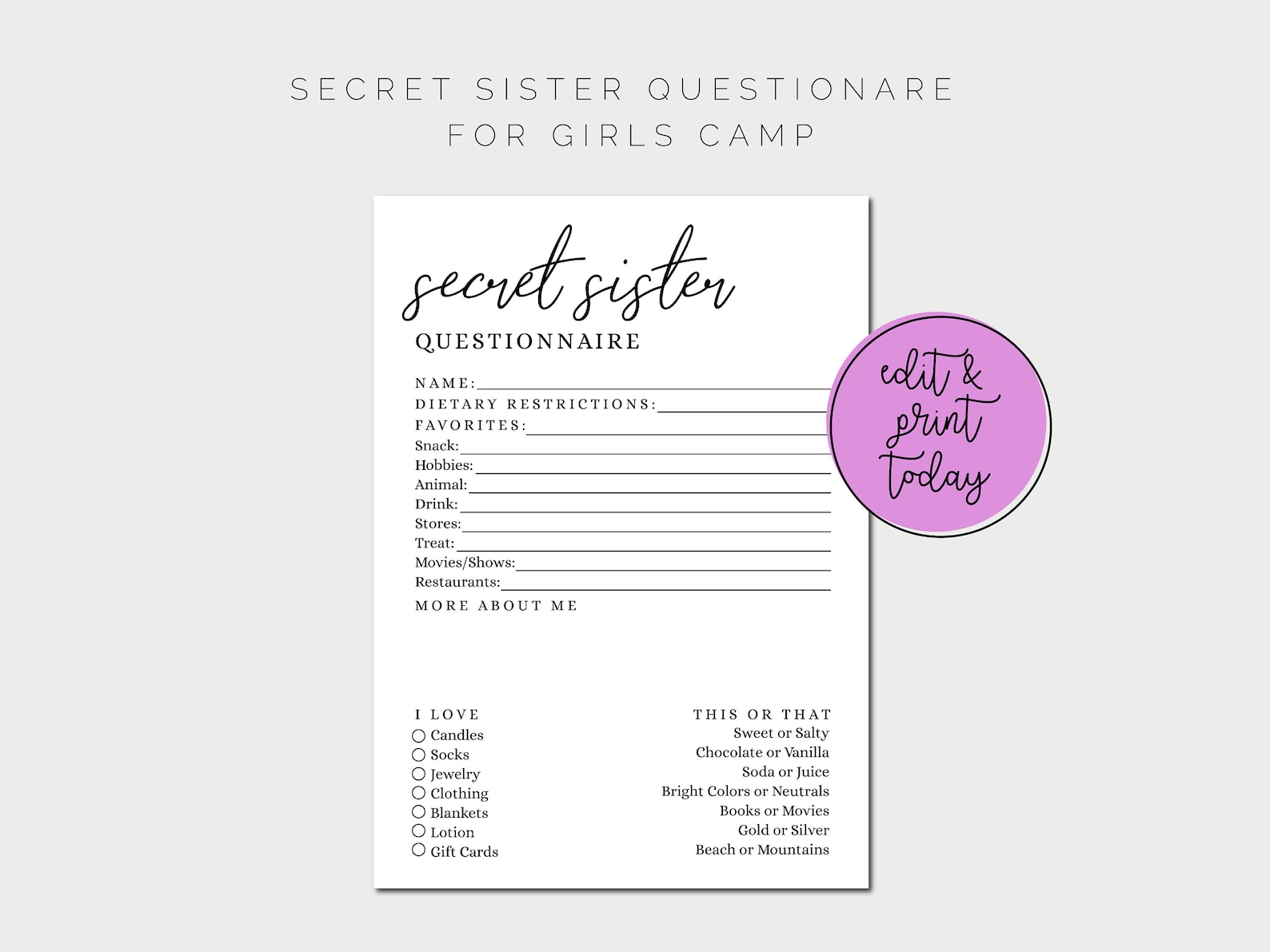 LDS Girls Camp Secret Sister Questionare Secret Sister - Etsy
