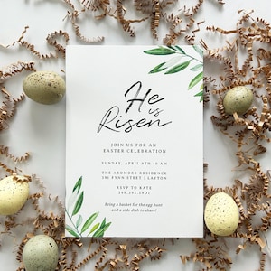He Is Risen Religious Easter Invitation Template | Olive Branch Editable Design (Digital Download)