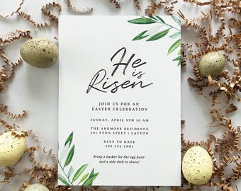 He Is Risen Religious Easter Invitation Template | Olive Branch Editable Design (Digital Download)