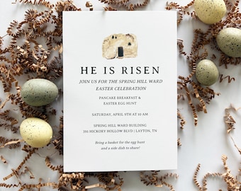 Plantilla de invitación para la celebración religiosa de Pascua / Diseño centrado en Cristo "Él ha resucitado" (Descarga digital)