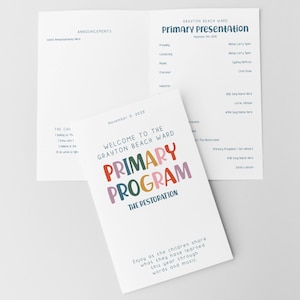 May include: A white booklet for the Grayton Beach Ward Primary Program, featuring colourful text. The open booklet displays further text and a Primary Presentation programme. The text includes the date November 5, 2025.