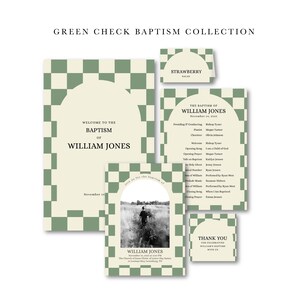 May include: A set of baptism stationery featuring a green and cream checkered design. The collection includes invitations, programs, and thank you cards. The text includes the name "William Jones" and the baptism date.
