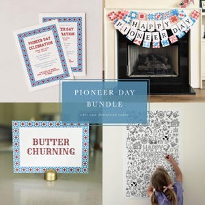 Pioniertag-Bundle, Einladungsdekoration zum Ausmalen und Banner, 24 Juli Feier, Pionierparty Ausdrucke, Quilt-Einladung
