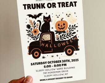 Volantino modificabile per "Dolcetto o scherzetto nel bagagliaio", modello di poster di Halloween per feste di quartiere, invito alla festa di Halloween del rione LDS, festa di Halloween di quartiere