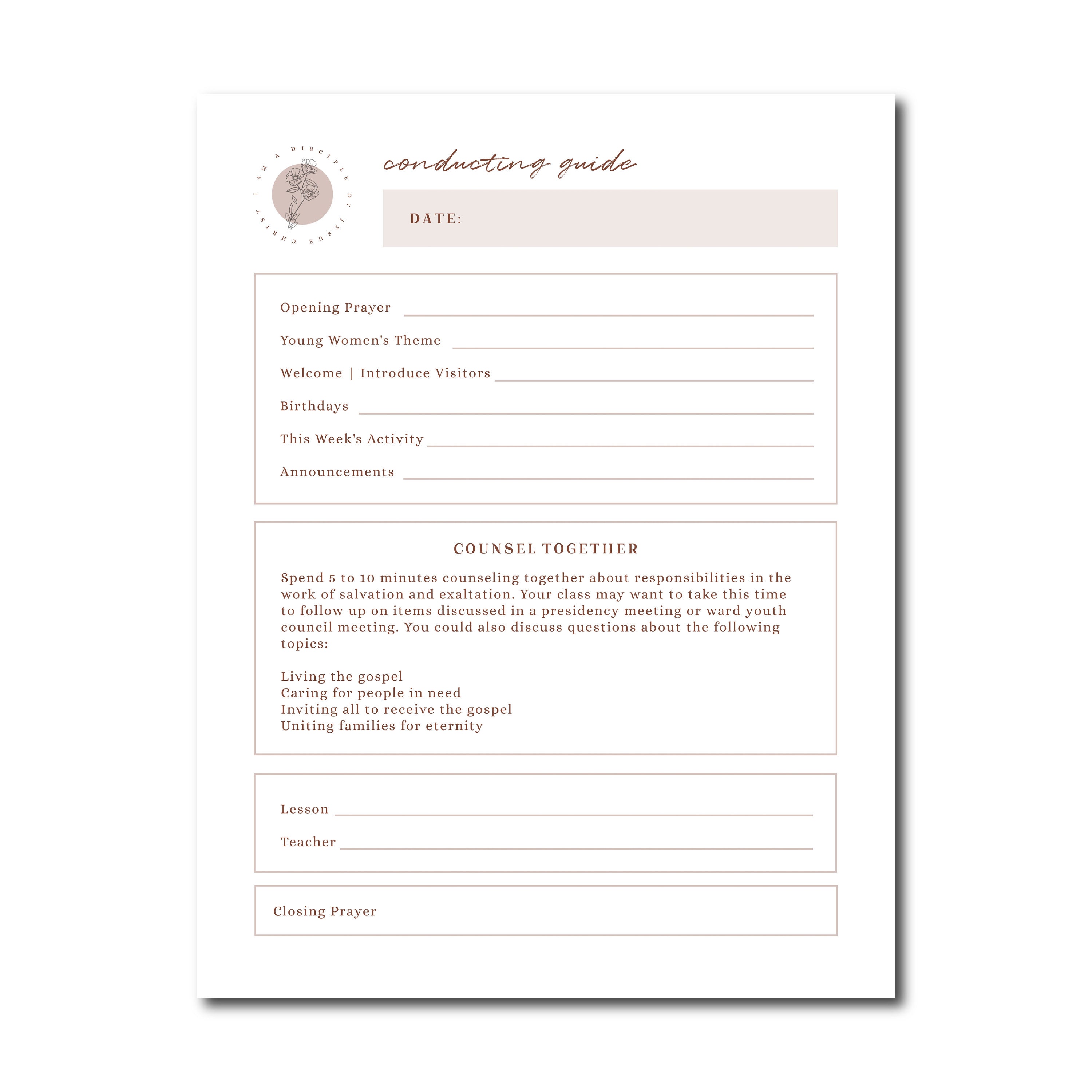 LDS Young Women Conducting Sheet Printable LDS Conducting Form Instant ...