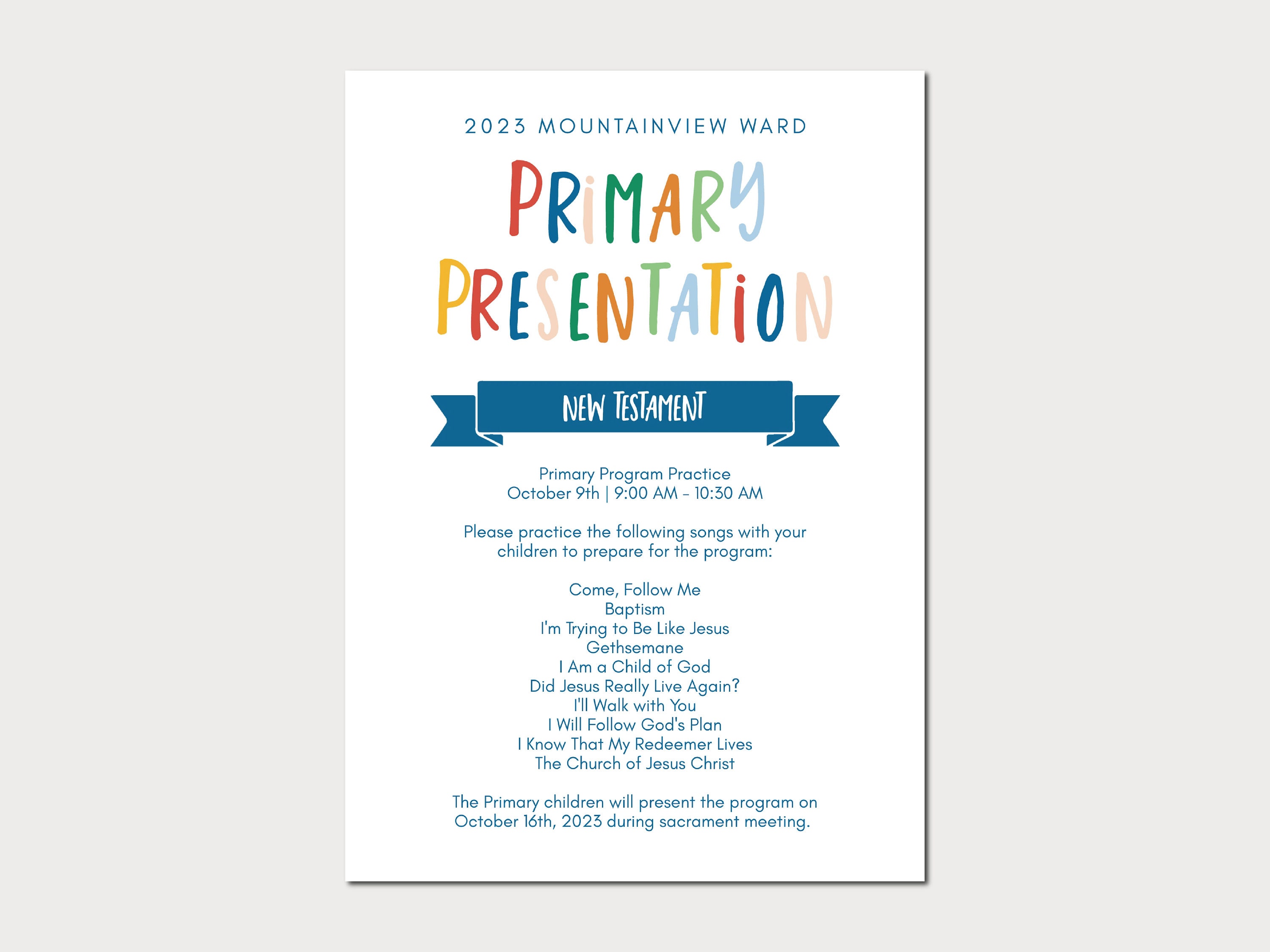 LDS Primary Program Parent Information Card | LDS Primary Presentation ...