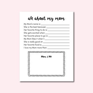 Mother's Day Questionnaire Printable All About My Mom Mothers Day Card Kids Mother's Day Gift DIY Mother's Day Activity Preschool