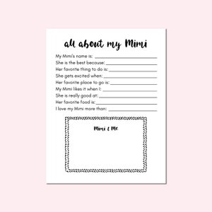 Mother&#39;s Day Questionnaire Printable All About My Mimi Mothers Day Card Grandkids Mother&#39;s Day Gift DIY Mother&#39;s Day Activity Preschool