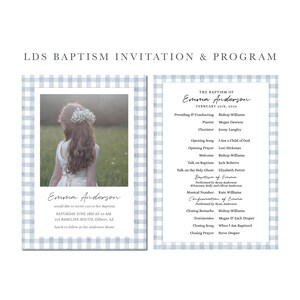 May include: Baptism invitation and program with a pale blue gingham border. The invitation features a photo of a person with flowers. Text includes the name Emma Anderson, date, and location details.