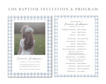 Blue Gingham LDS Baptism Invitation and Program Template | Girl LDS Baptism Kit | Blue Baptism Bundle