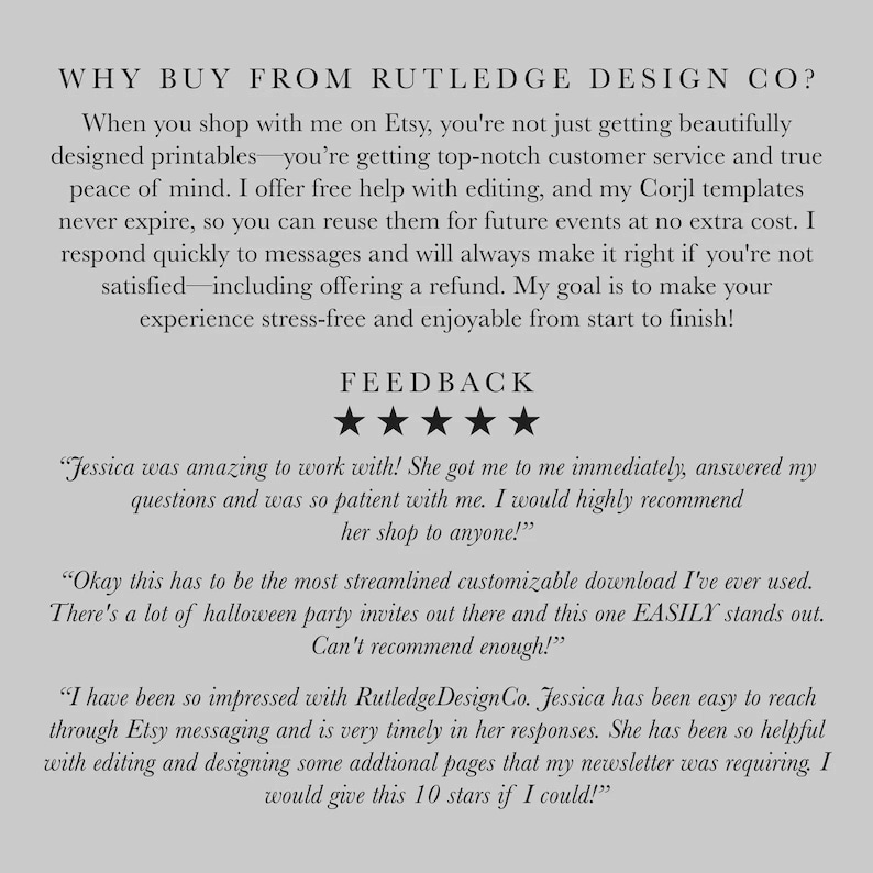 K&ouml;nnte beinhalten: Eine hellgraue Infografik mit schwarzem Text unter dem Titel WHY BUY FROM RUTLEDGE DESIGN CO?, gefolgt von Details zum Kundenservice, einem F&uuml;nf-Sterne-Bewertungssymbol und drei Kundenrezensionen, die die Kommunikation und Vorlagen des Shops loben.