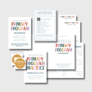 Bundel basisprogramma LDS, uitnodiging primaire presentatie, programma avondmaalsdienst, bedankkaartjes, oefenkaart, commentaarkaarten