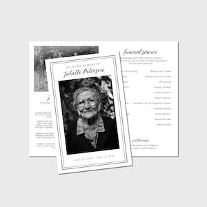 Puede incluir: Un programa de servicio funerario en blanco y negro con una foto de Juliette Peterson. El programa incluye el texto "EN MEMORIA AMOROSA DE Juliette Peterson" y detalles del servicio, incluyendo fecha, hora y lugar.