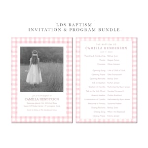 May include: An LDS baptism invitation and programme bundle featuring a pink and white gingham border. The invitation includes a black and white photo of a child in a dress and text for Camilla Henderson. The programme lists the order of service.
