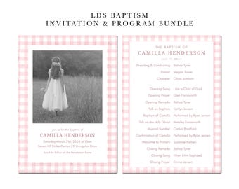 Pink Gingham LDS Baptism Invitation and Program Bundle | Girl Pink LDS Baptism | Invite and Program Template