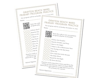 LDS Primary Program Practice Sheet, Primary Song Practice Log, Home Practice Primary Program, Editable Primary Songs List Template QR code