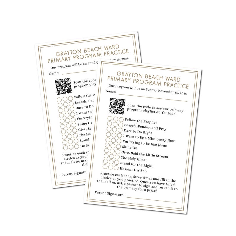 K&ouml;nnte beinhalten: Zwei wei&szlig;e rechteckige &Uuml;bungsbl&auml;tter mit beigefarbenen R&auml;ndern, betitelt Grayton Beach Ward Primary Program Practice. Jedes Blatt enth&auml;lt einen QR-Code, eine Liste von Liedtiteln mit Kontrollk&auml;stchen und ein Feld f&uuml;r eine Unterschrift.