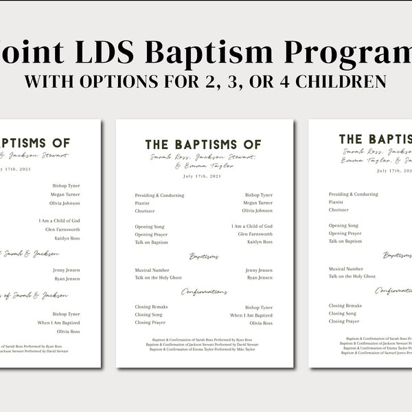 Joint LDS Baptism Program Editable Template | LDS Baptism for 2, 3, or 4 Children | Group LDS Baptism Program