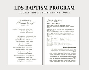 Simple, Modern, Editable LDS Baptism Program Template: 5X7 Instant Download | Gender Neutral LDS Baptism Program