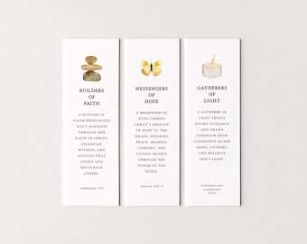 New LDS Young Women Class Name Bookmarks | Builders of Faith, Messengers of Hope, Gatherers of Light Printable Handout PDF