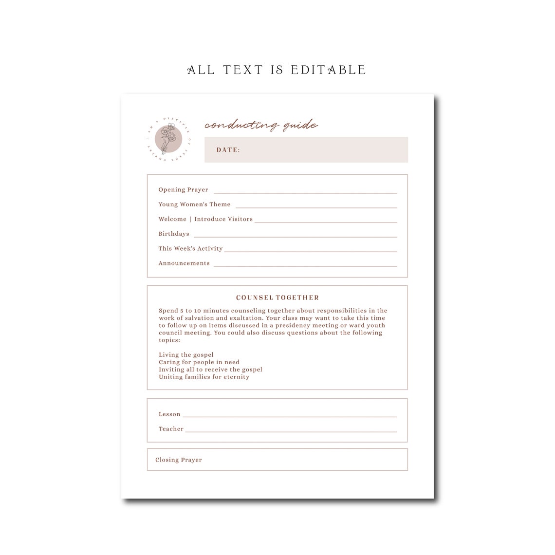 LDS Young Women Conducting Sheet Printable LDS Conducting Form Instant ...