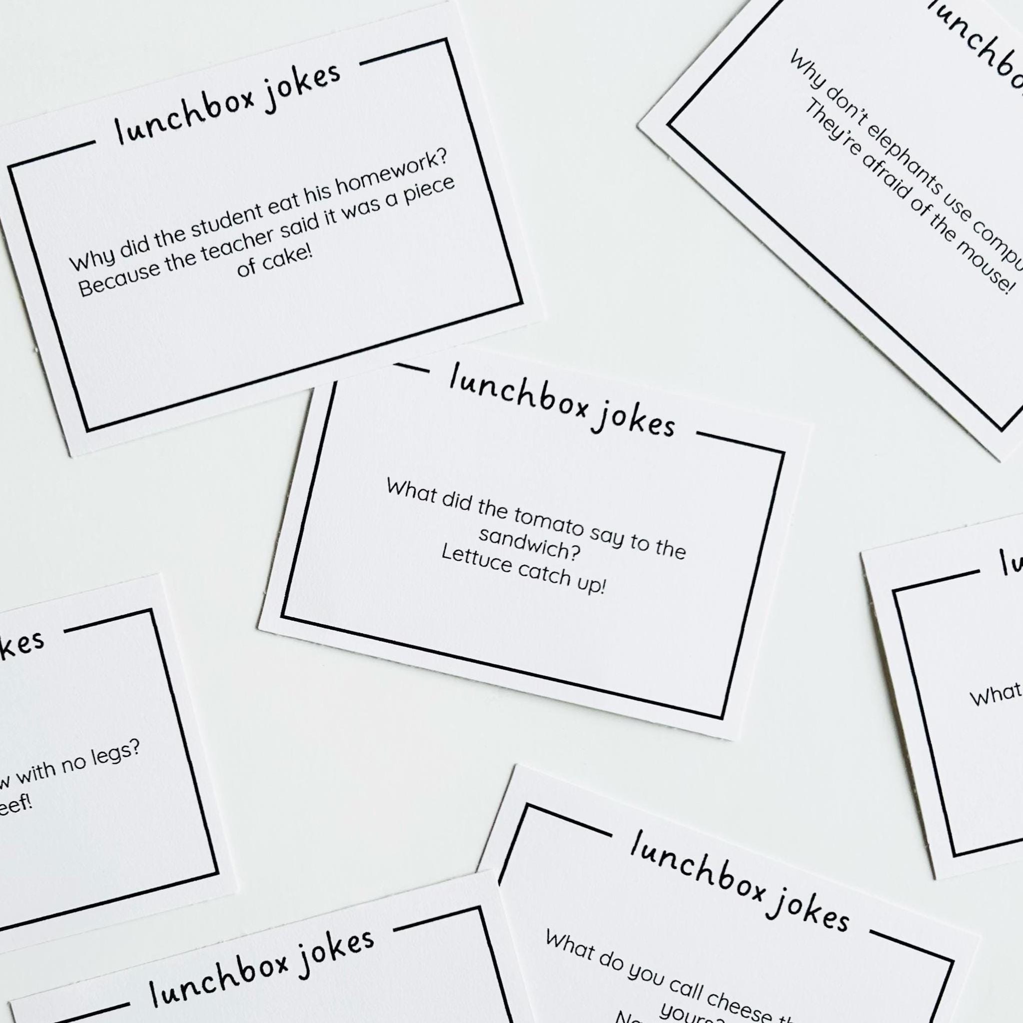 40 Lunchbox Jokes for Kids Printable, back to school notes simple black and white, printable joke cards for big kids, Clean Kids Jokes Funny