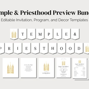 Pode incluir: Modelos digitais imprimíveis para um evento do Templo e do Sacerdócio. O conjunto inclui um convite, um programa e elementos de decoração com uma ilustração de um templo dourado.