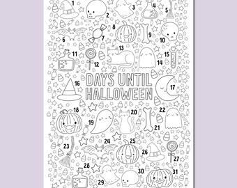 Calendario dell'Avvento di Halloween stampabile, calendario dell'Avvento autunnale, attività di Halloween per bambini, pagina da colorare gigante con i giorni che mancano ad Halloween