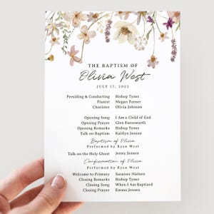 LDS Baptism Program Girl, watercolor wildflower editable template, baptism printable program floral watercolor, muted tones floral program