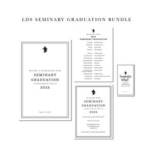 Puede incluir: Un conjunto de anuncios y programas de graduación. Los anuncios presentan el texto "LDS Seminary Graduation Bundle" y "Seminary Graduation celebrating the class of 2026." El diseño es texto negro sobre fondo blanco.
