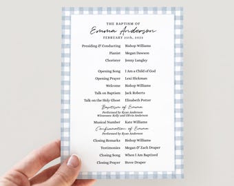 Plantilla de programa de bautismo SUD con estampado de cuadros azules / Programa de bautismo SUD para niñas / Programa de bautismo azul