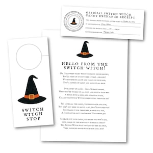 May include: A Halloween-themed set featuring a black witch hat with an orange buckle, a door hanger, a poem, and a receipt. The text includes "Hello from the Switch Witch!" and details about a candy exchange.