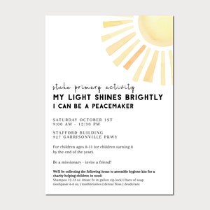 LDS Primary Activity Invitation | Sunshine Invite | Let your light shine Christian invitation | LDS Primary Invitation | Sunshine Invitation