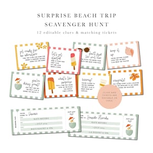 Caccia al tesoro e biglietti per un viaggio a sorpresa in spiaggia / Caccia al tesoro con sorpresa in spiaggia / Biglietto stampabile per la spiaggia / Indizi per la caccia al tesoro in famiglia