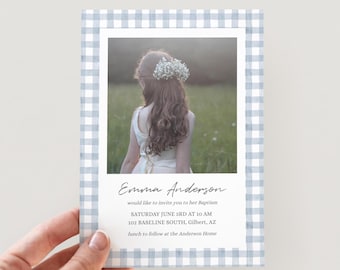 Blue Gingham Girl LDS Baptism Announcement Template |  Instant Download | Printable Baptism Invite | Blue LDS Baptism Invitation