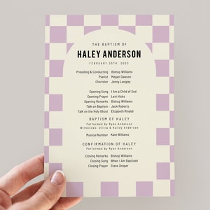 May include: A program for the baptism and confirmation of Haley Anderson on February 25th, 2023. The program lists the order of events, including the opening song, prayer, remarks, and the names of the officiants.