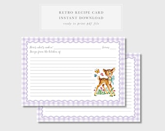 Tarjetas de recetas retro de ciervos vintage imprimibles de 4x6 PDF. Plantilla de recetas DIY de decoración de cocina retro. Descarga instantánea. Tarjetas de recetas de estilo antiguo.