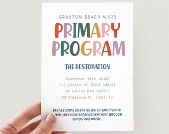 LDS初等協会プログラム招待状、初等協会プレゼンテーションチラシ、編集可能な初等協会プログラム招待状2025、初等協会聖餐会プログラム招待状