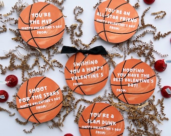 Etiquetas de regalo imprimibles de deportes para el Día de San Valentín con temática de baloncesto