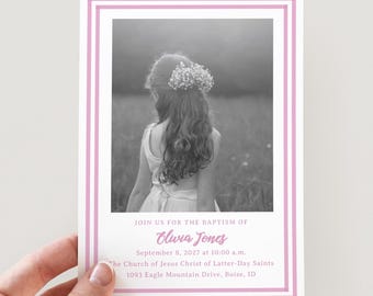 Editable LDS Girl Baptism Invitation Template, Girly Pink Baptism Announcement (5x7 Digital Download)