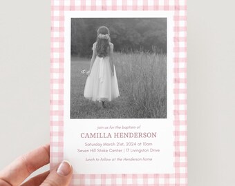 Pink Gingham LDS Baptism Invitation Template | Girl LDS Baptism Announcement Invite