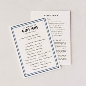 May include: Two white cards with blue borders. One card lists the baptism details for Oliver Jones, including the date, speakers, and order of service. The other card displays song lyrics. The text is in a simple, elegant font.
