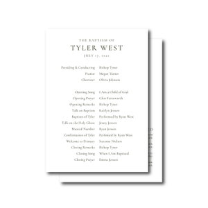 Puede incluir: Un programa en blanco y negro para el bautismo de Tyler West el 17 de julio de 2022. El programa enumera el orden del servicio, que incluye el canto de apertura, la oración de apertura, las palabras de apertura, la charla sobre el bautismo, el bautismo de Tyler, la charla sobre el Espíritu Santo, el número musical, la confirmación de Tyler, la bienvenida a la escuela primaria, las palabras de cierre, el canto de cierre y la oración de cierre.