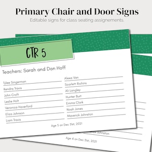 May include: A green and white classroom seating chart with the title "CTR 5" and the text "Teachers: Sarah and Dan Hoff". The chart lists student names and their ages as of December 31st, 2021.