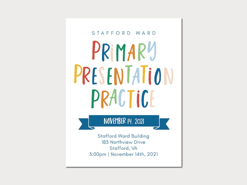 Puede incluir: Un cartel colorido que anuncia una pr&aacute;ctica de presentaci&oacute;n primaria en el edificio Stafford Ward el 14 de noviembre de 2021 a las 3:00 pm. La direcci&oacute;n es 183 Northview Drive, Stafford, VA.